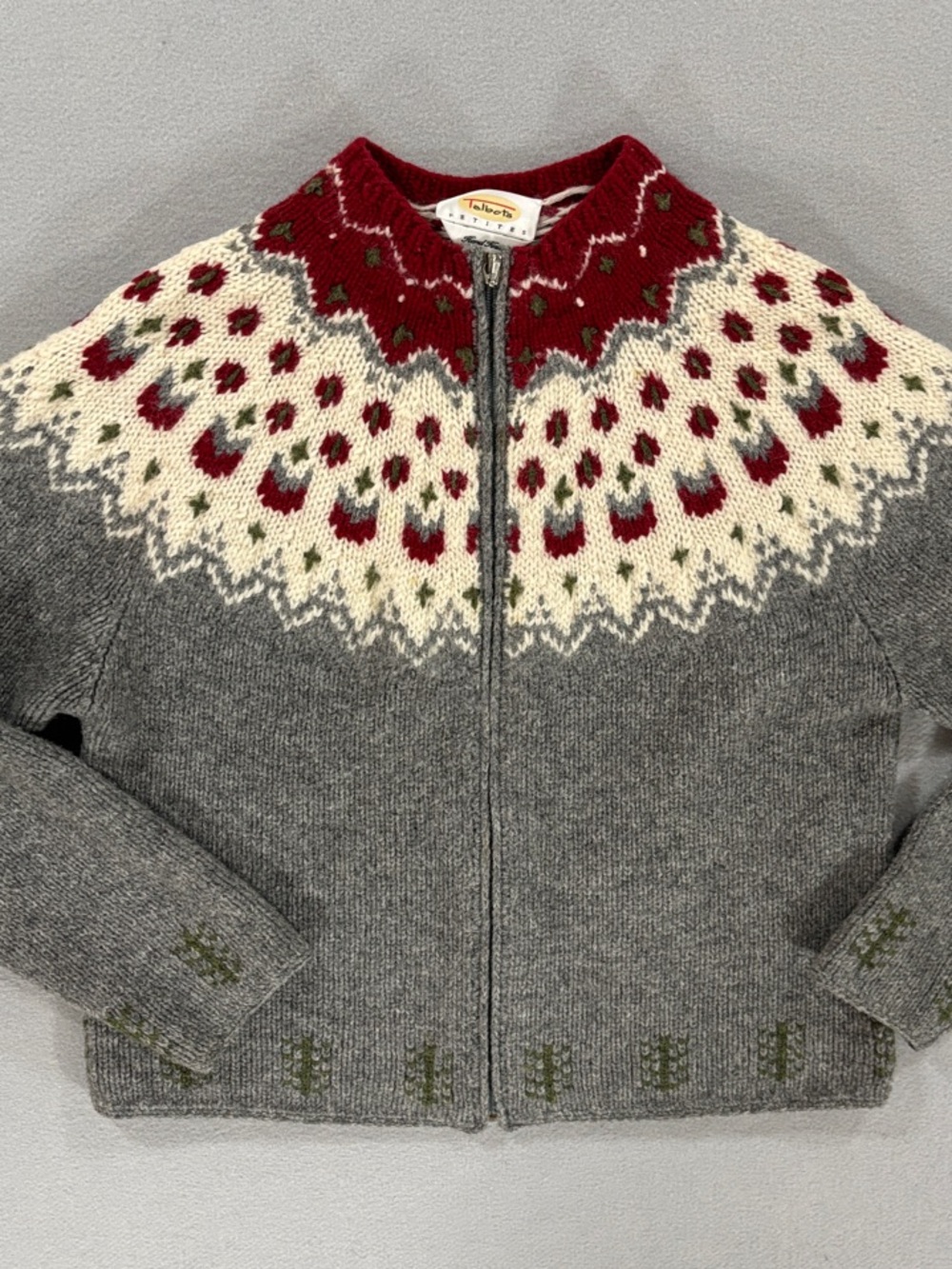 Talbots  Zip-Up Fair Isle Wool Jacket - Gray & Red